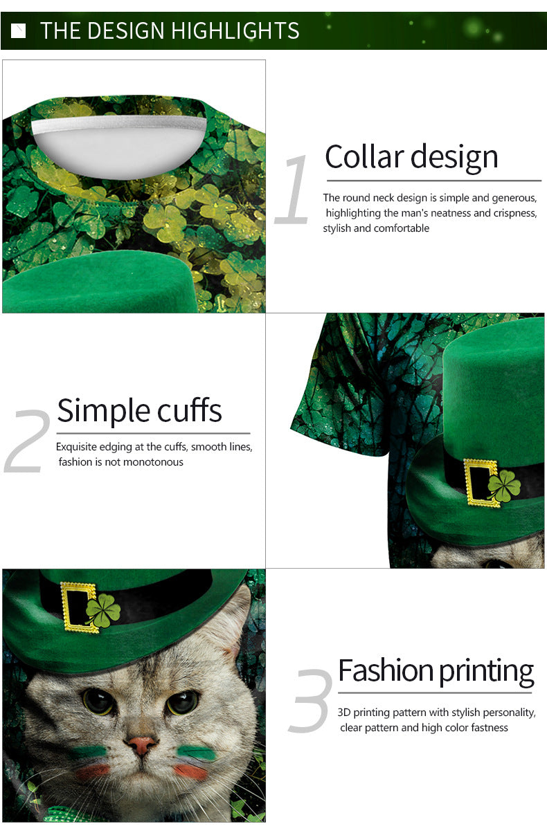 St. Patrick's Day Green Hat Sub Festival 3D Digital Print Street Party Couple manches courtes