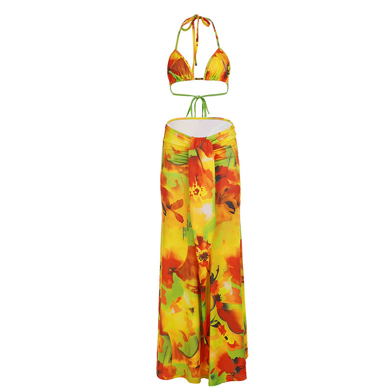Style européen Floral Print Bikini Set Retro Beach Resort Outfit