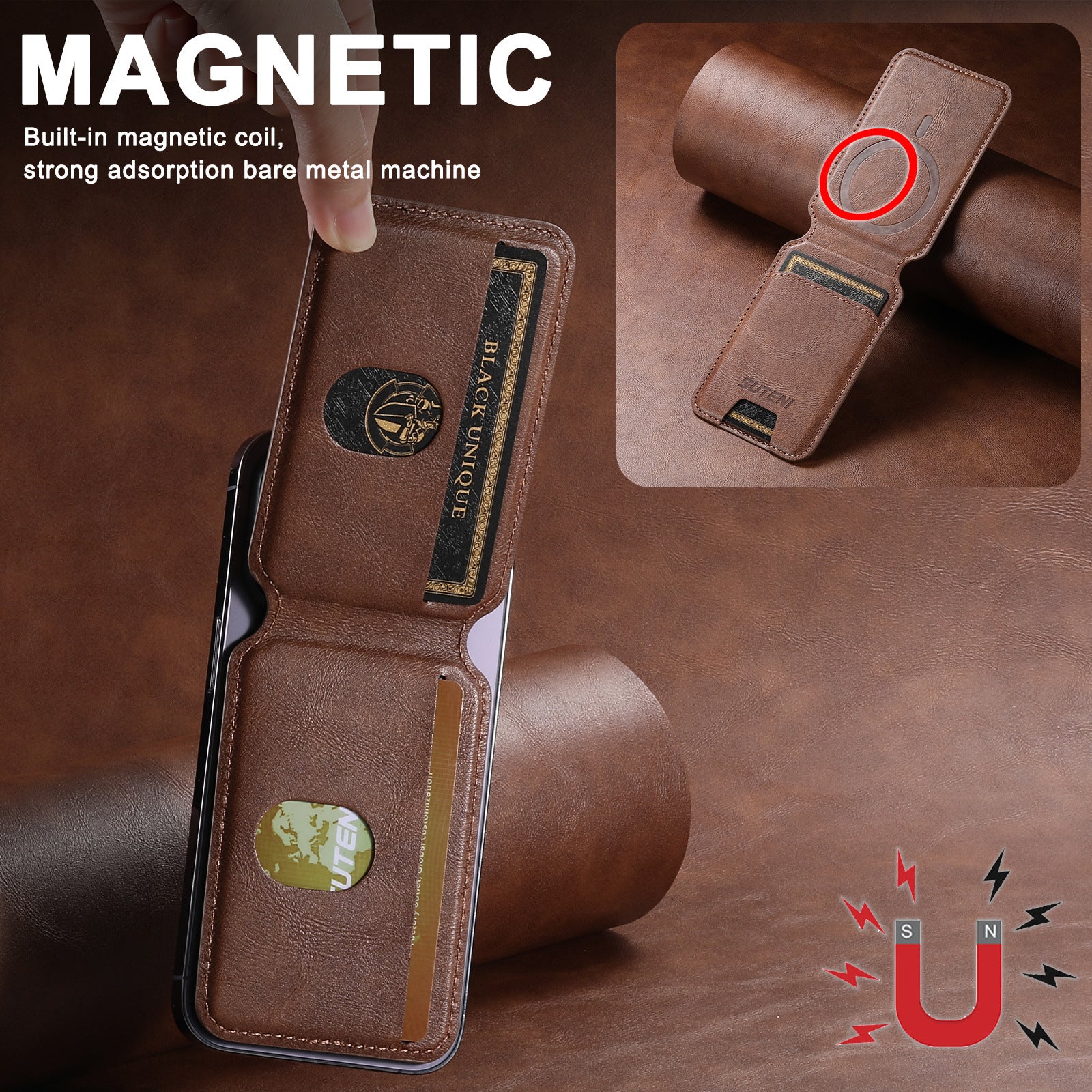 Support de carte magnétique pour téléphone universel Android MagSafe Magnetic Ring PU Leather
