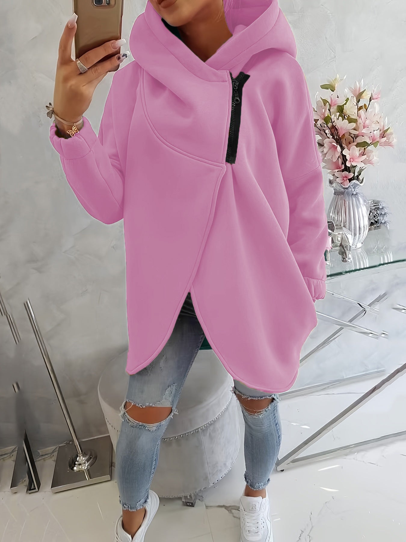 Sweat-shirt casual à capuche noir à manches longues européen et américain avec fron