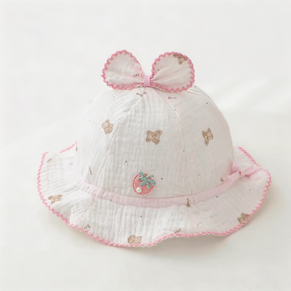 Summer Baby Bear Print Chapeau Bow avec bride frisée et broderie aux fraises