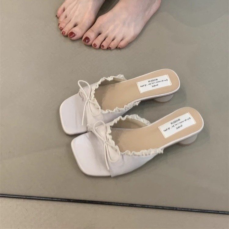 French Gentle Style Dentelle Edge Straight Drag Bow pour femme Talon épais Anti-dérapant orteil exposé F
