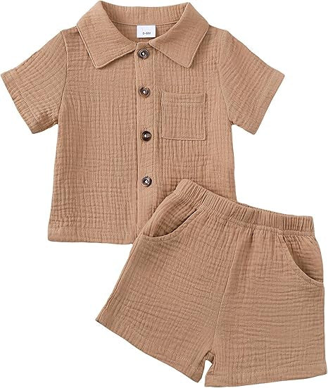 Bébé garçon coton-liné de couleur solide tissu texturé Collier à manches courtes supérieur élastique Wa
