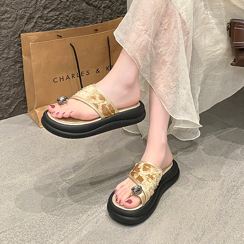 Femmes Retro National Wind Floral Jacquard Platform Sandales Slide Matching Daily