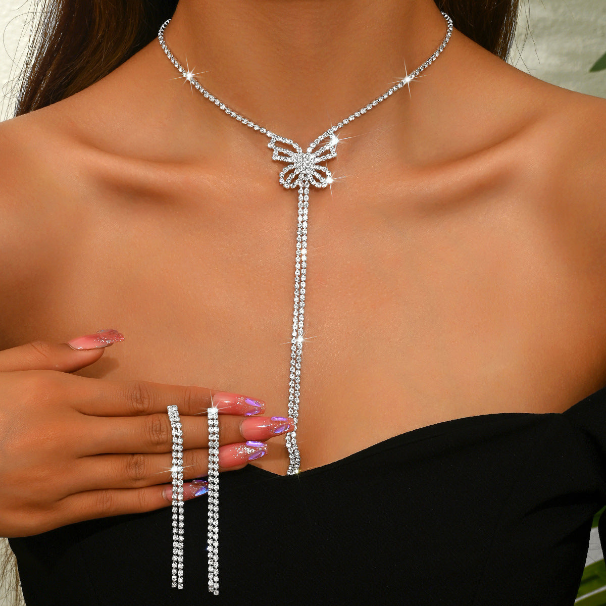 Ensemble de bijoux pour femmes Bow Y-Drop Tassel CZ 2Pcs