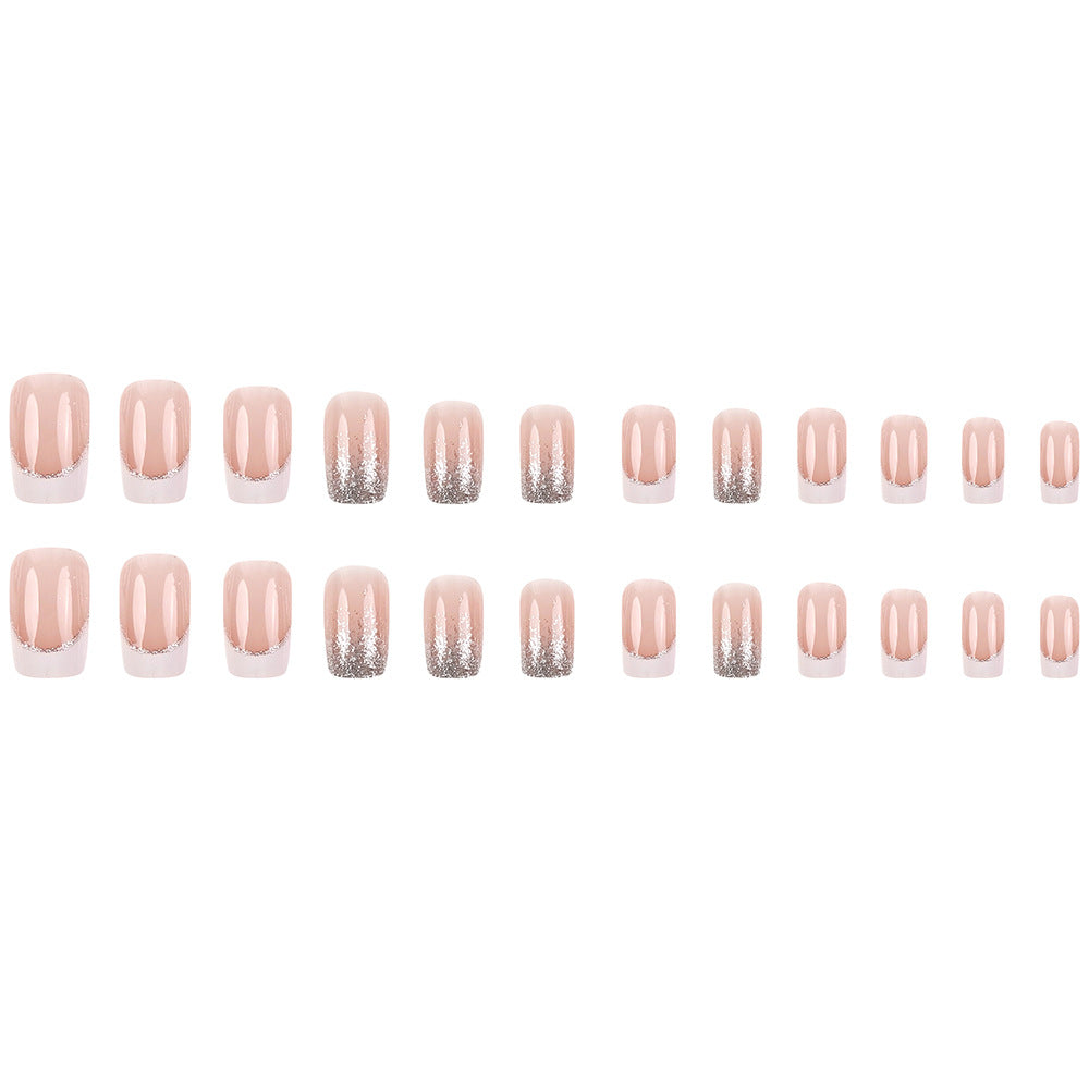 24-pièces Short Coffin-style White-edge French Pressing Nail Glitter Gradient Nail acrylique