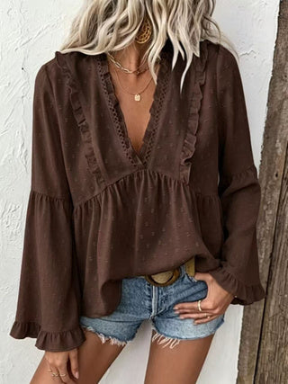 Chute V-Neck Dentelle Dot Blouse Loose Flare Long Sleeve Babydoll Top pour le trajet quotidien