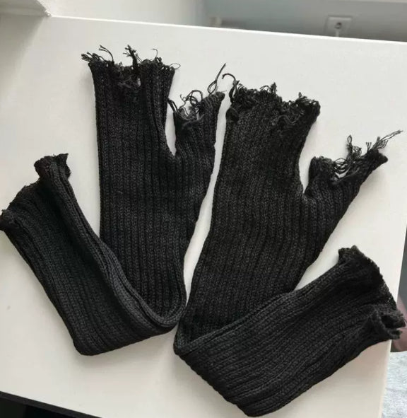 1paire Black Tattered Punk Unisex Gants sans doigts Cuff Knit Gants