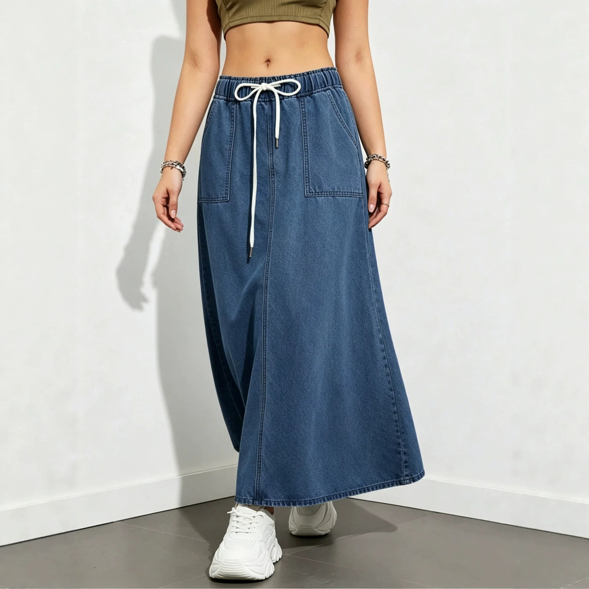 Jupe en Denim à coupe molle pour femmes avec une large taille d'ourlet et élastique