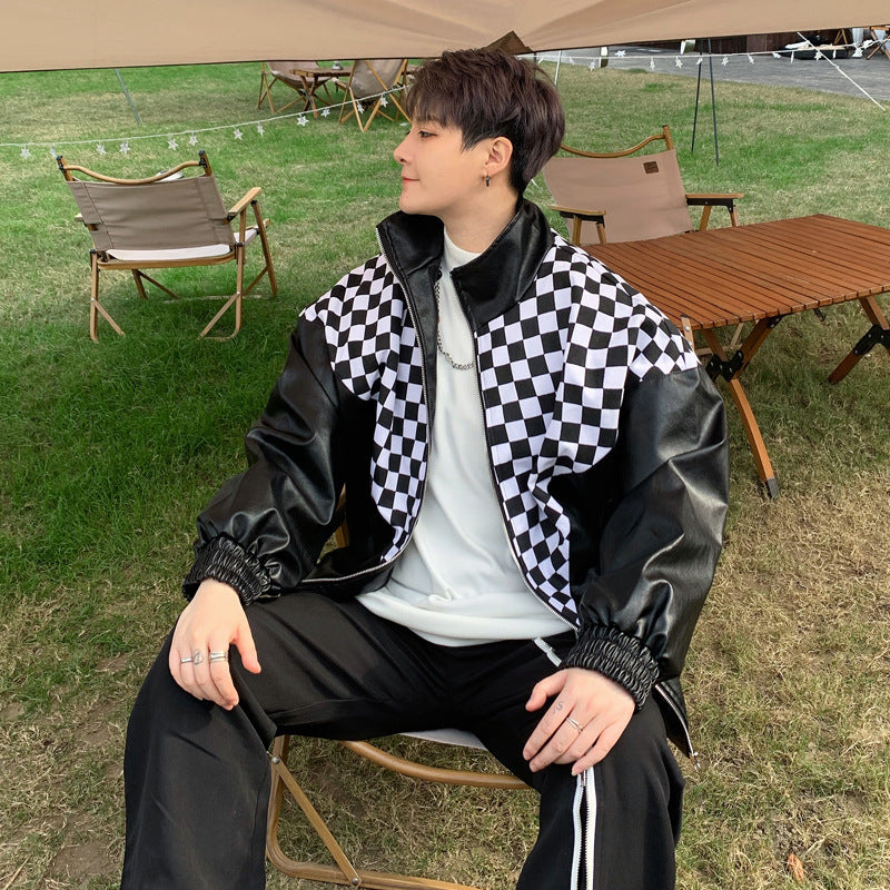 Veste en cuir plaqué noir et blanc PU