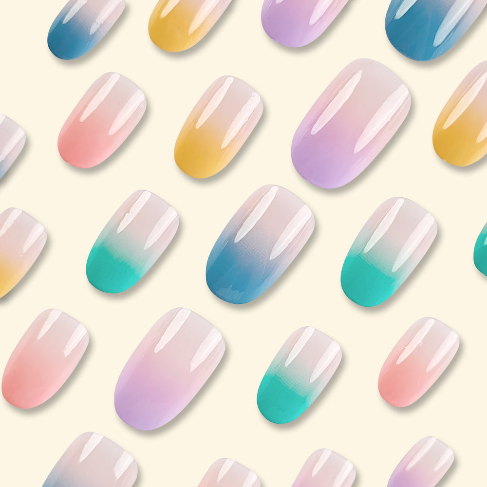 24 pièces Court Ovale Arc-en-ciel Gradient Design Nail Polish Set.Long Press On The Nail. Inclure