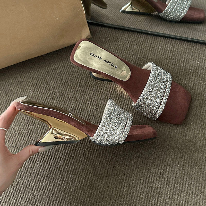 Femmes Strass Une Sangle Diapositive Sandales Outdoor Wear Summer Viral Magnifique Suede Elegant