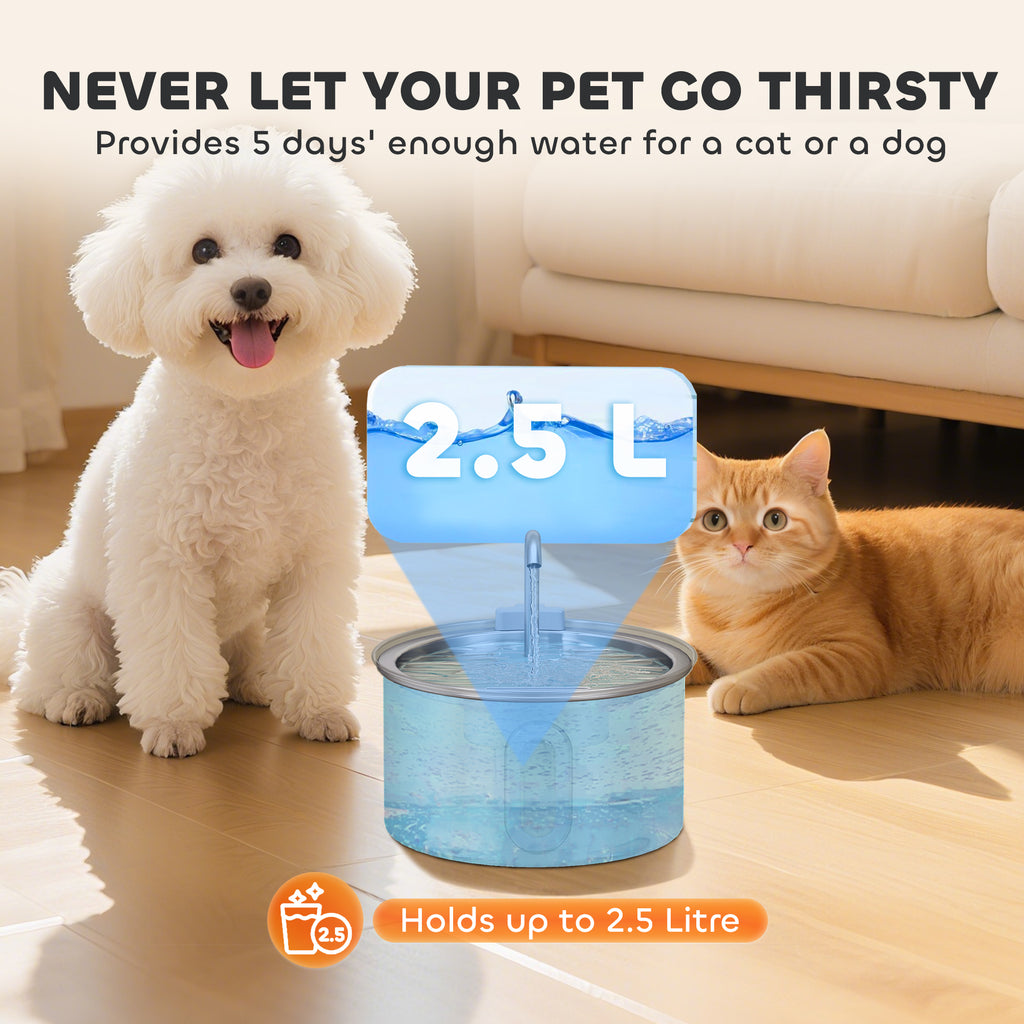 Fontaine d'eau de chat en acier inoxydable 2,5L avec fenêtre de niveau d'eau de pompe ultra silencieux et 7 fils