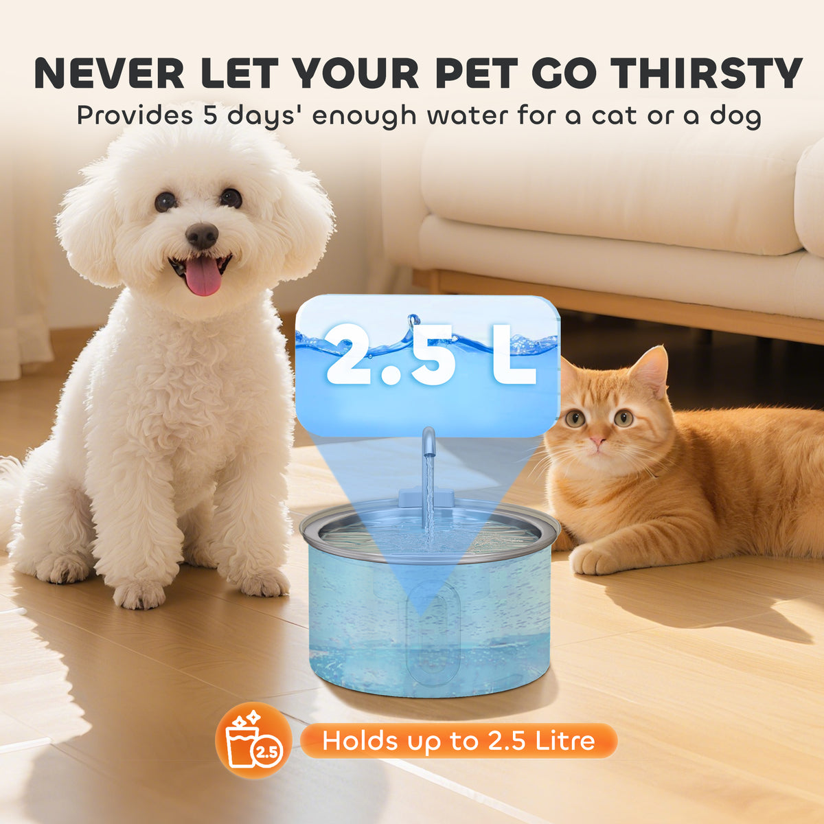 Fontaine d'eau de chat en acier inoxydable 2,5L avec fenêtre de niveau d'eau de pompe ultra silencieux et 7 fils