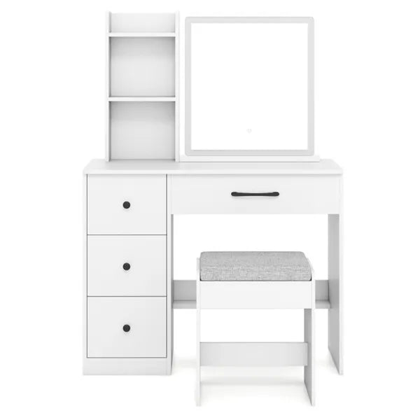 Blanc Vanity bureau et tabouret ensemble avec miroir coulissant et 3-mode LED bande de lumière