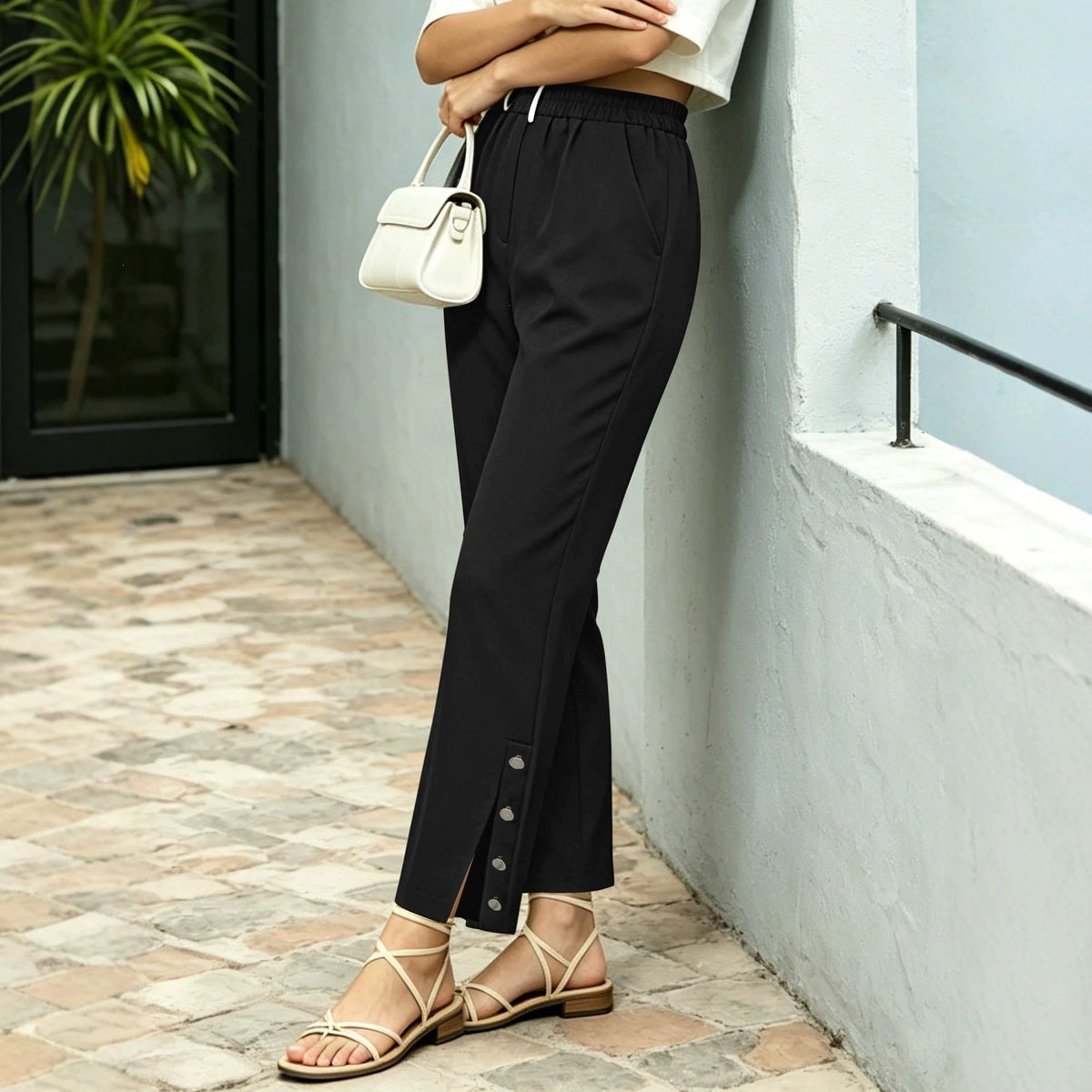 Site indépendant European and American Foreign Trade Elastic Waist Croped Straight-leg Tr