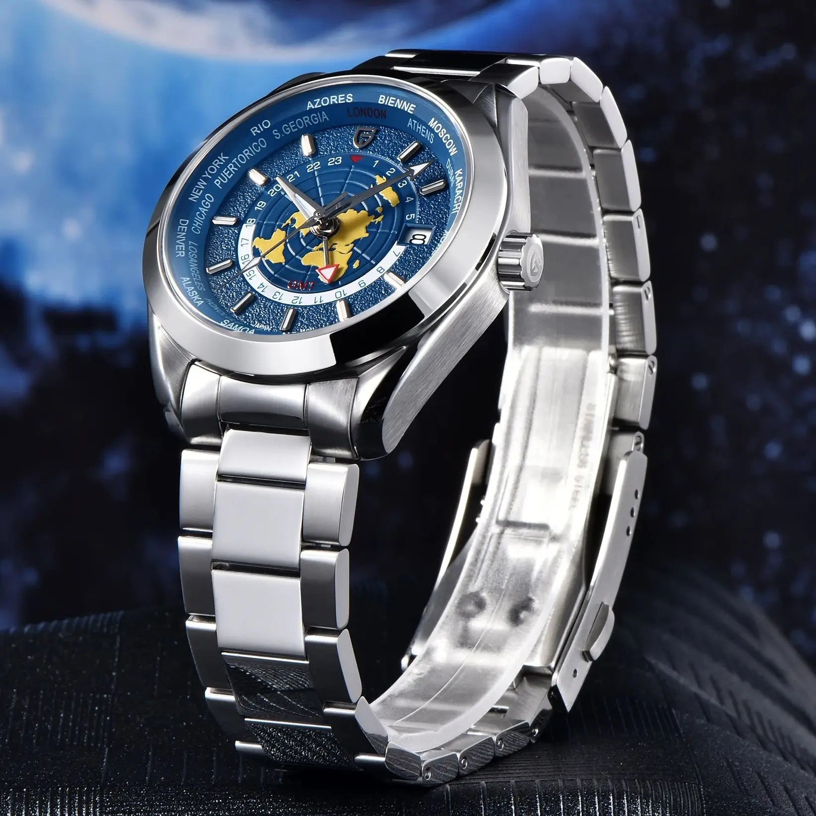 Multifonctionnel homme mécanique GMT double fuseau horaire Lumineux Watrproof montre