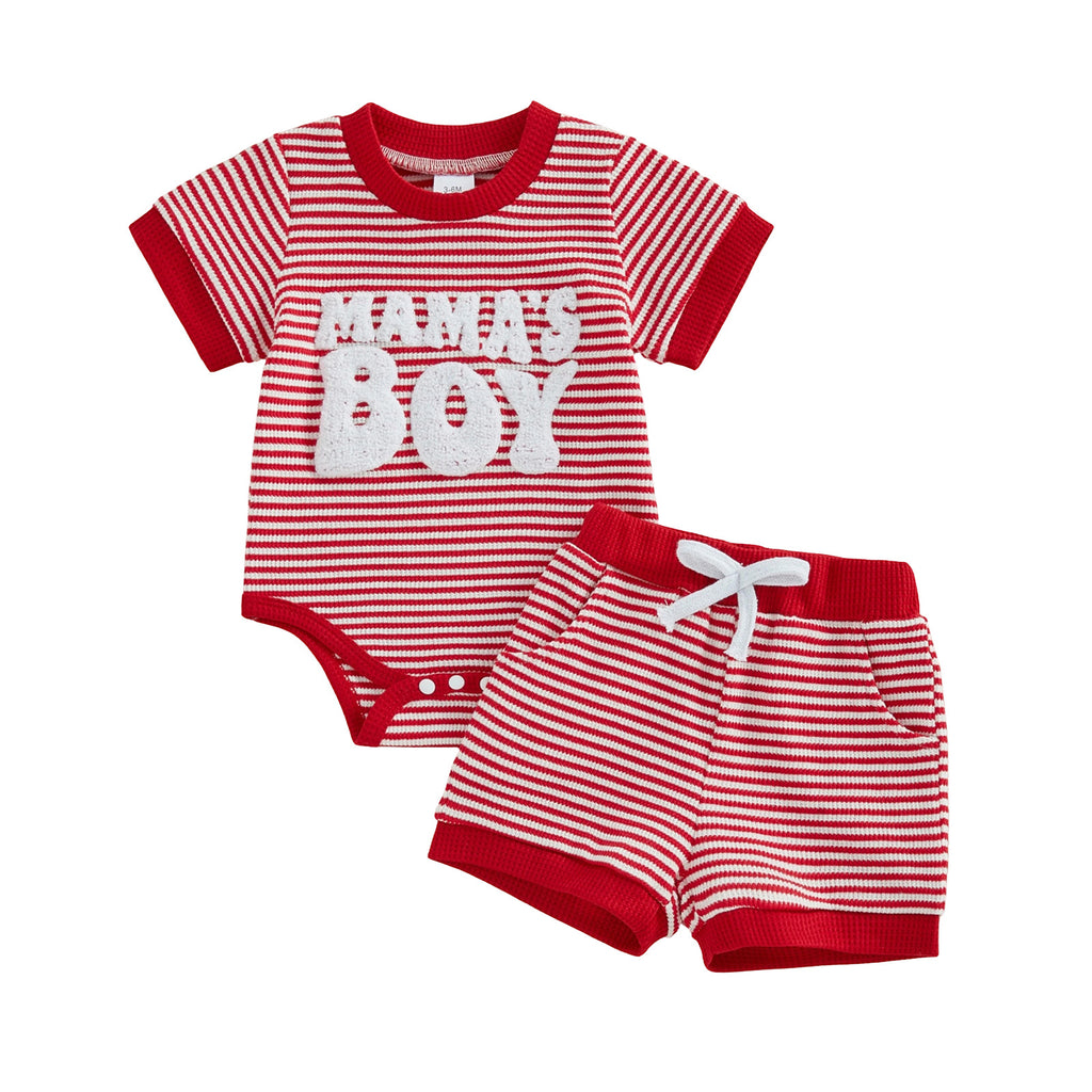 Bébé garçon rayé Brodé MAMA Romper et shorts ensemble deux pièces