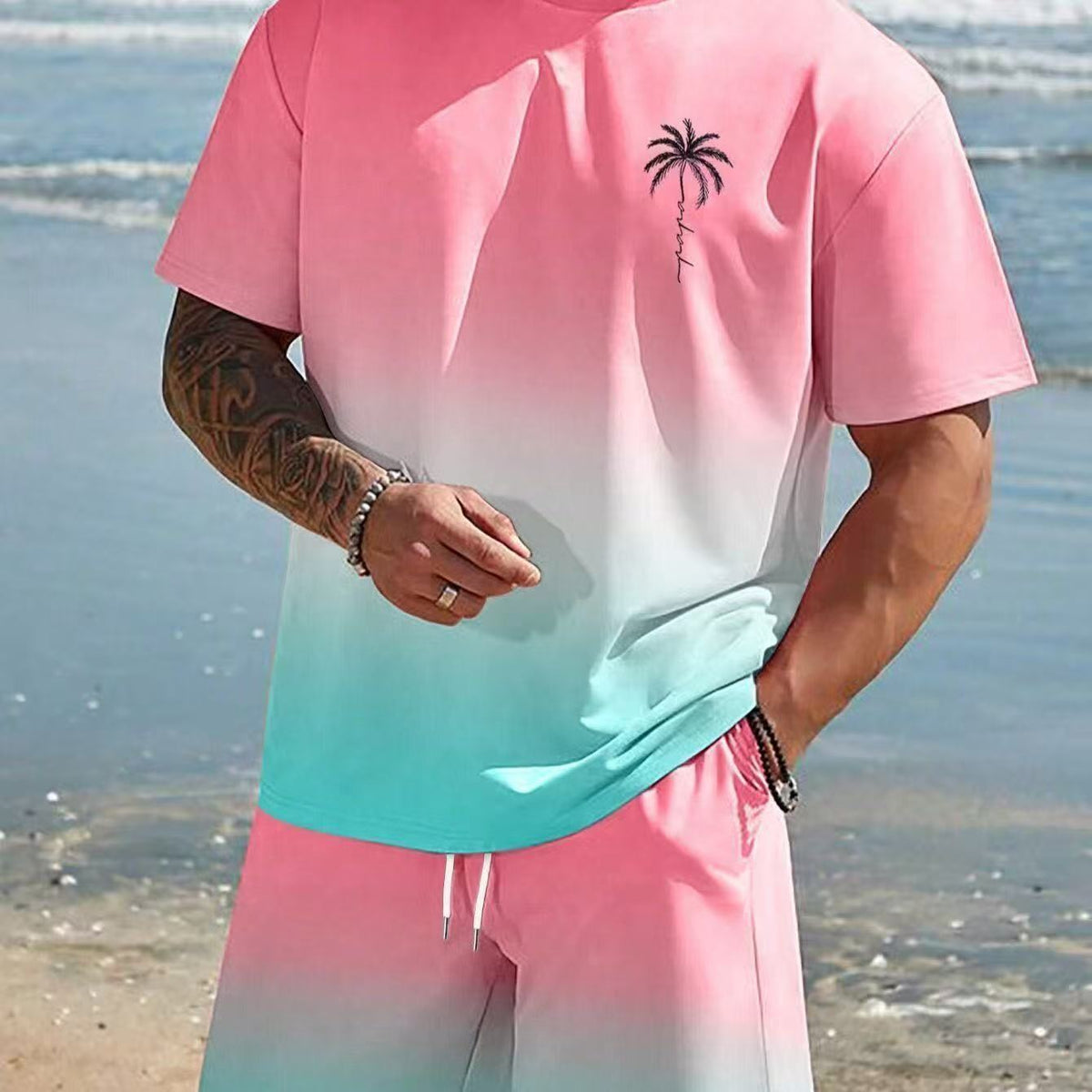 Summer Hot-Selling Gradient Coconut Tree Beach Chic Imprimer Vêtements pour hommes