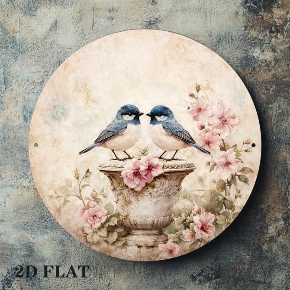 Vintage Bird & Flower Round Sign 8x8in Chinois Style Yard Decor
