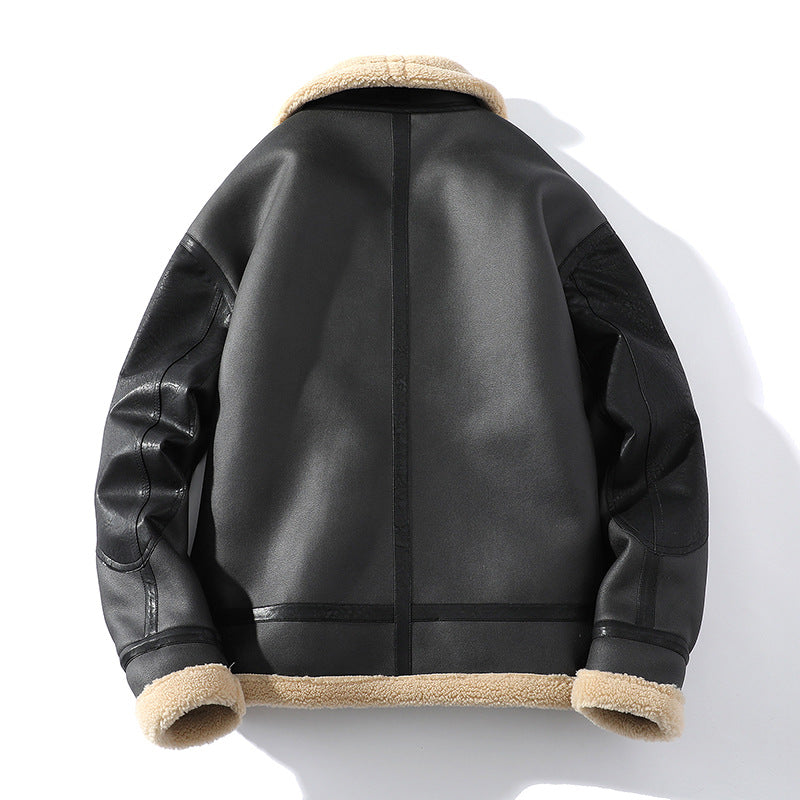 Manteau en cuir de mouton court épais doublé de polaire d'hiver