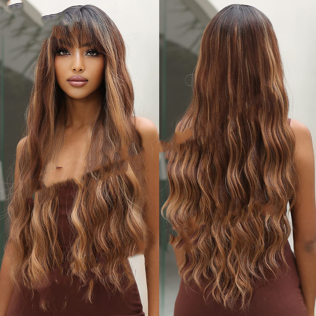 Marron foncé teint Marron clair Bangs Long Curly Perruques Mécanisme Tête