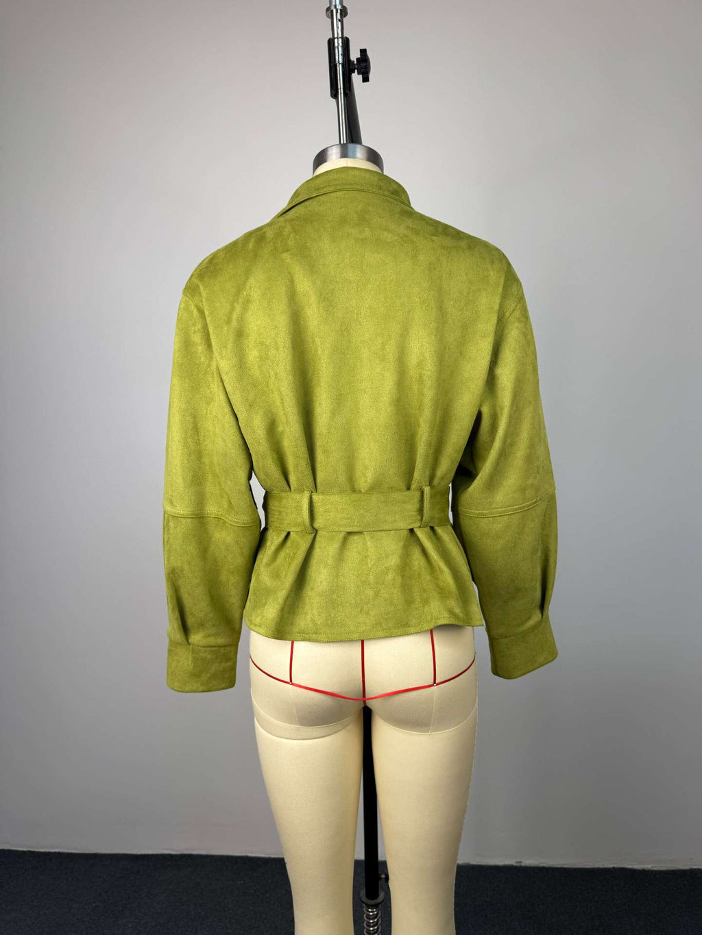 Faux Suede Stand Collar Waist Tie Veste surdimensionnée
