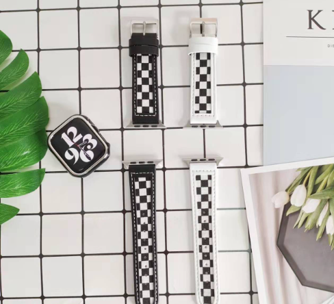 Iwatch7 654321 Black and White Checker Toile Bracelet en cuir