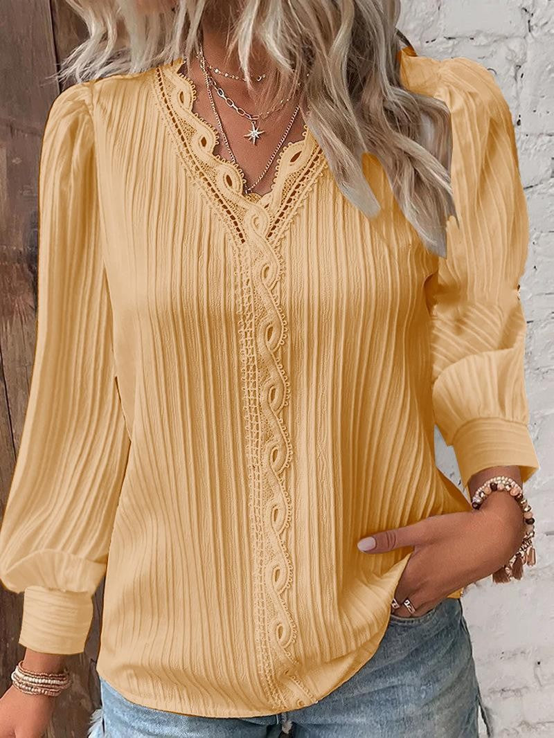 Station Indépendante Wish Amazon Style Autum à manches longues V Collier Dentelle Splicing Chemise Femmes'