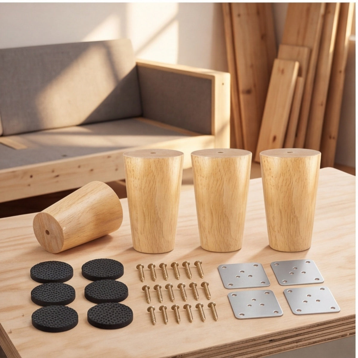 Set of wooden furniture legs with installation accessories - 4 legs