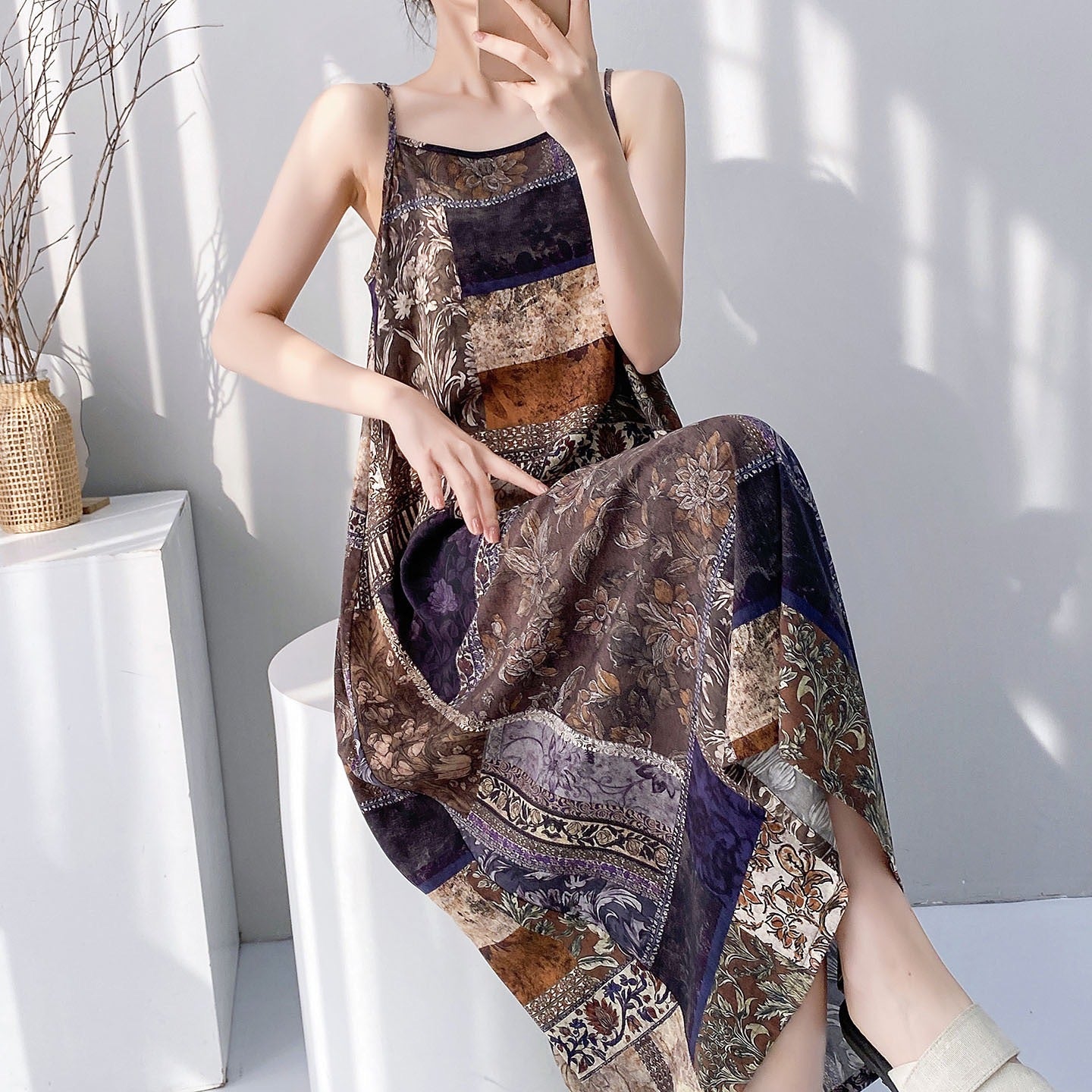 Femmes Pyjama coton-argent Haute-fin automne et robe longue printemps Vêtements de salon