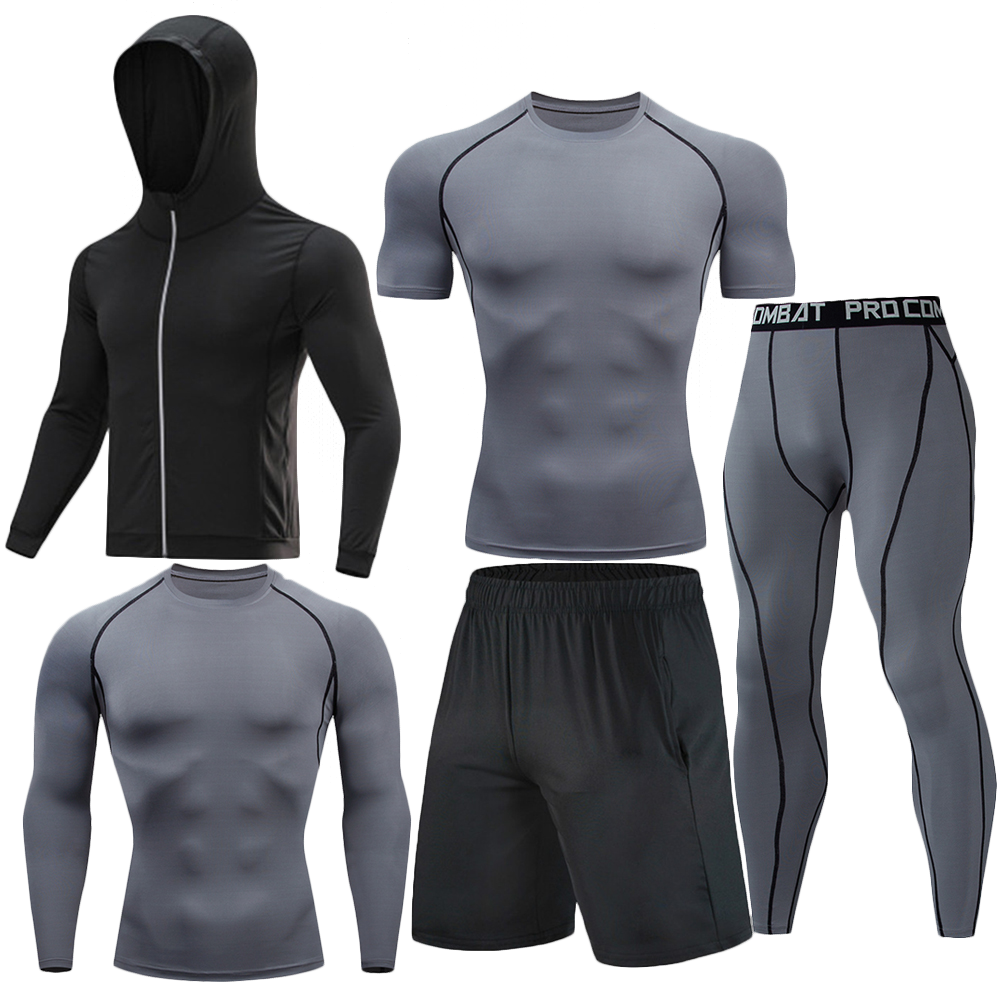 Hommes 5 pièces Ensemble d'entraînement de compression Veste zippée à capuche manches longues manches courtes