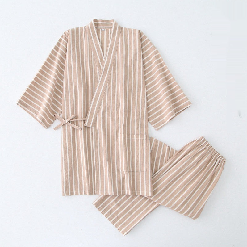 Coton Lavé Pyjama costume mince rayé hommes et femmes japonais couple Kimono pantalons