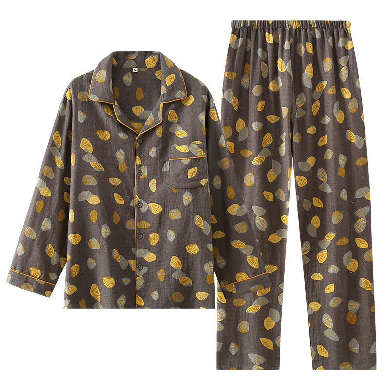 Pure Cotton Double couche Sheer Homme manches longues Jacquard Pajama Set