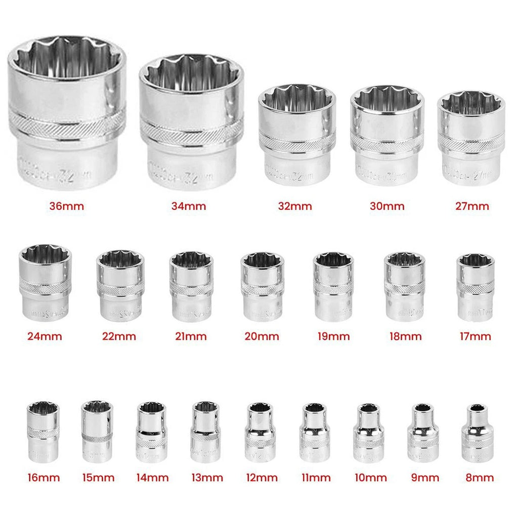 21 Pcs Half Inch Drive Ensemble de chaussettes multi-dents 8 à 36mm 12 point Sockets métriques Spline pour