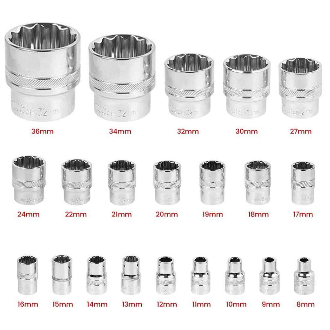 21 Pcs Half Inch Drive Ensemble de chaussettes multi-dents 8 à 36mm 12 point Sockets métriques Spline pour