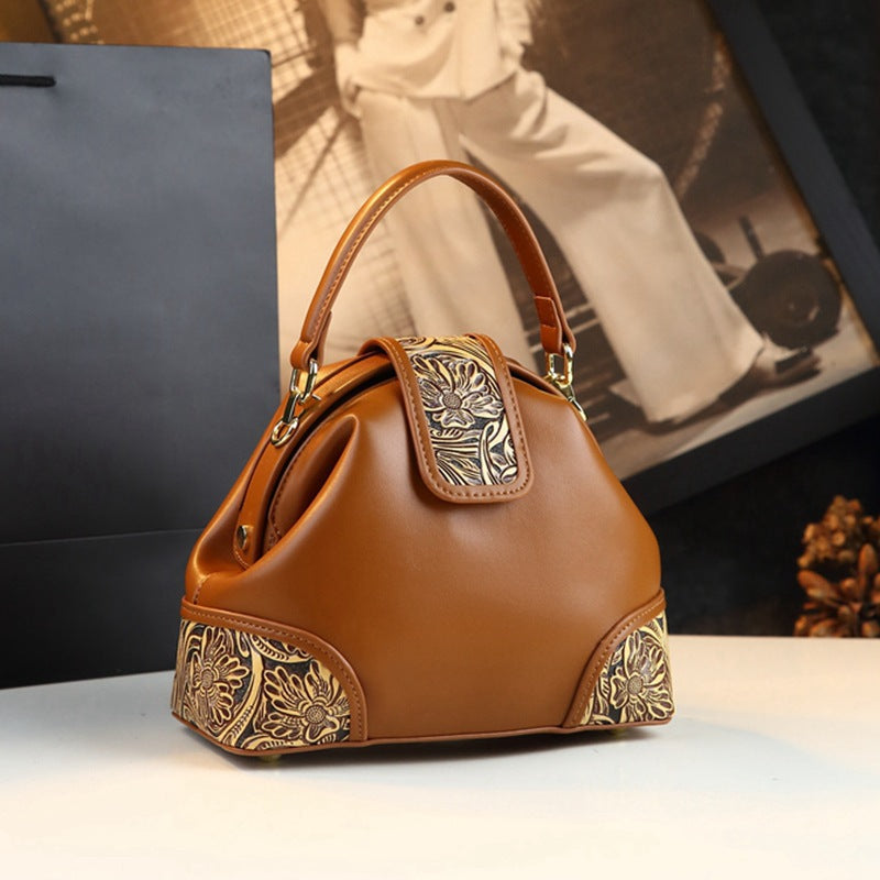 Sac d'épaule en cuir véritable mode avec carving en cuir et motifs floraux