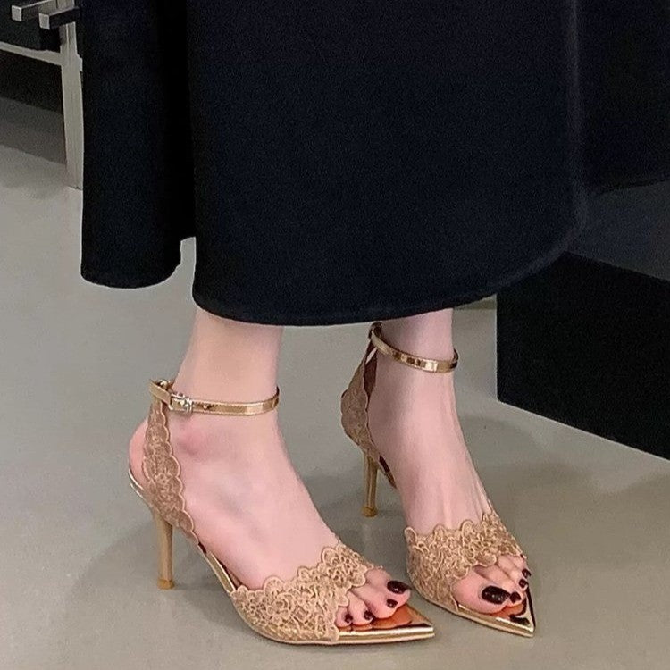 Femmes Romantique de mariée Florale scallopée Dentelle Stiletto Sandales