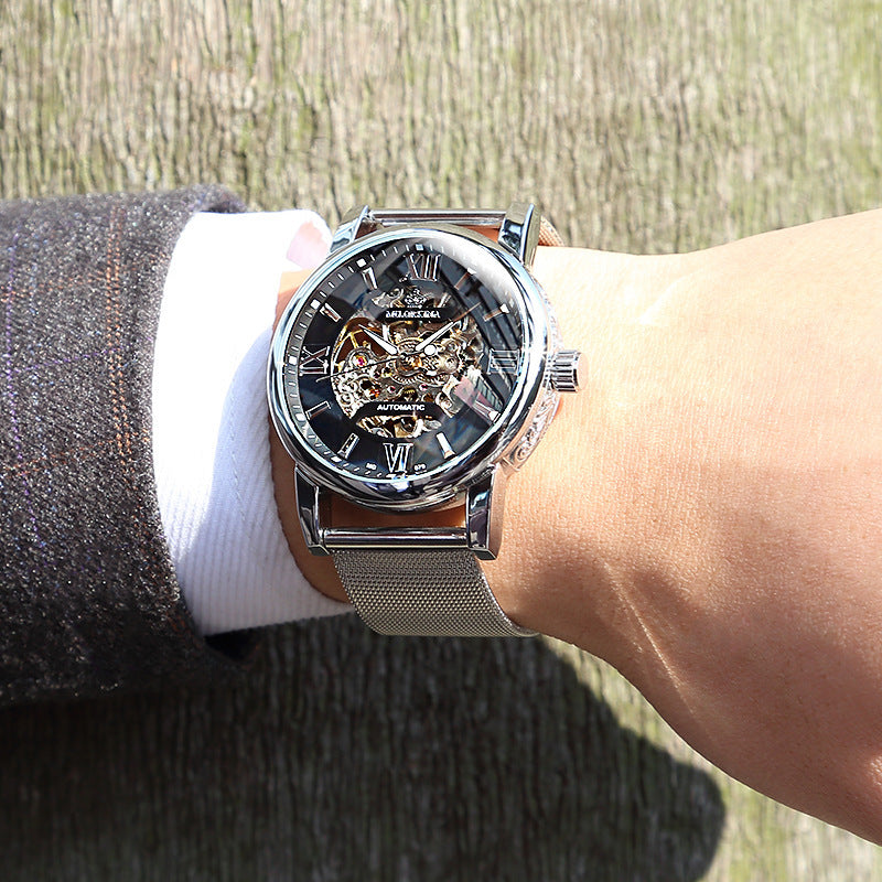 Montres mécaniques mécaniques tissées en mesh pour hommes