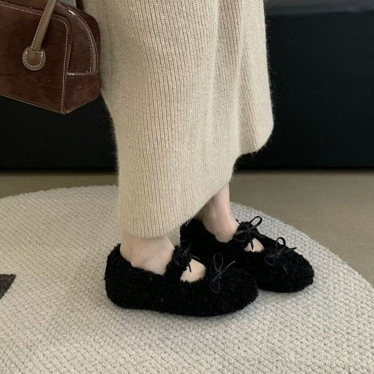 Chaussures Femmes Français Mary Jane avec Chaussures de Haricot Fluffy et Chaussures Solaires Plats