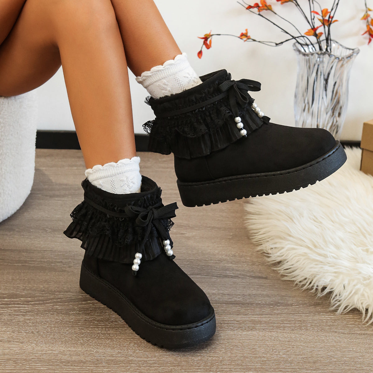 Lace Trim Bow Platform Bottes de neige Femmes Hiver douce polaire doublé épais coton chaud Bo