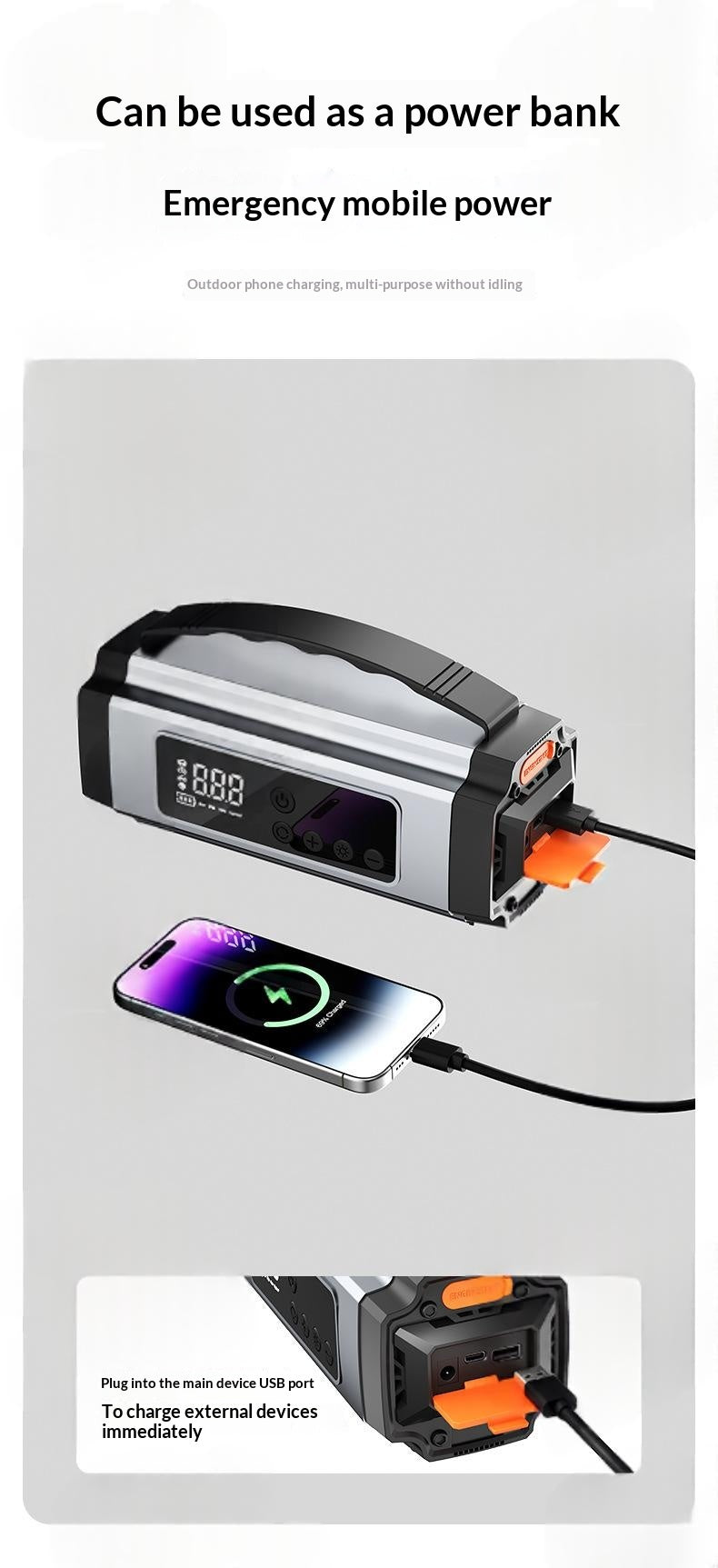 3-en-1 Portable sans fil démarreur de voiture et gonflable de pneus véhicule d'urgence multifonctionnel aussi