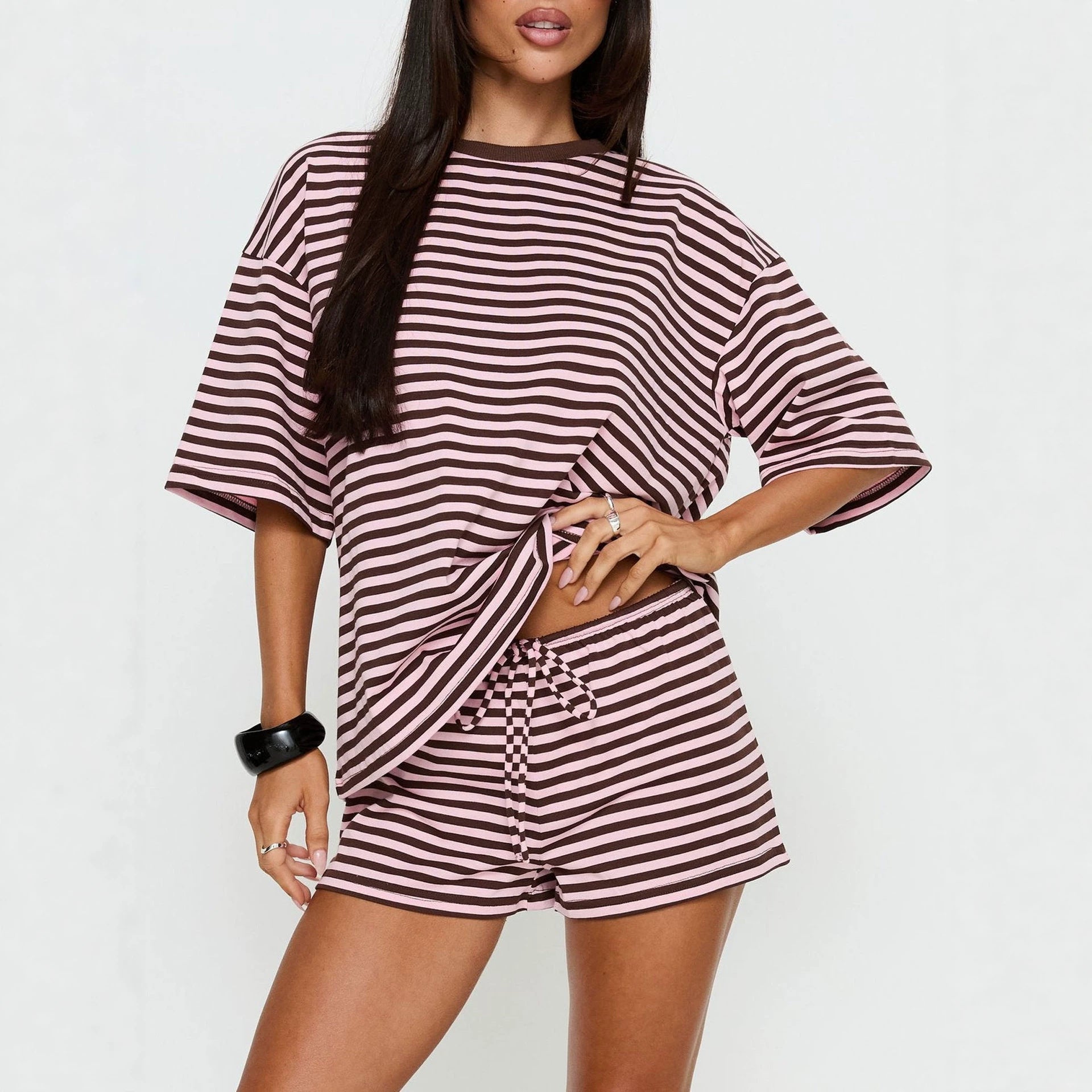 Ensemble de shorts à manches courtes à cordon rayé pour femmes mode