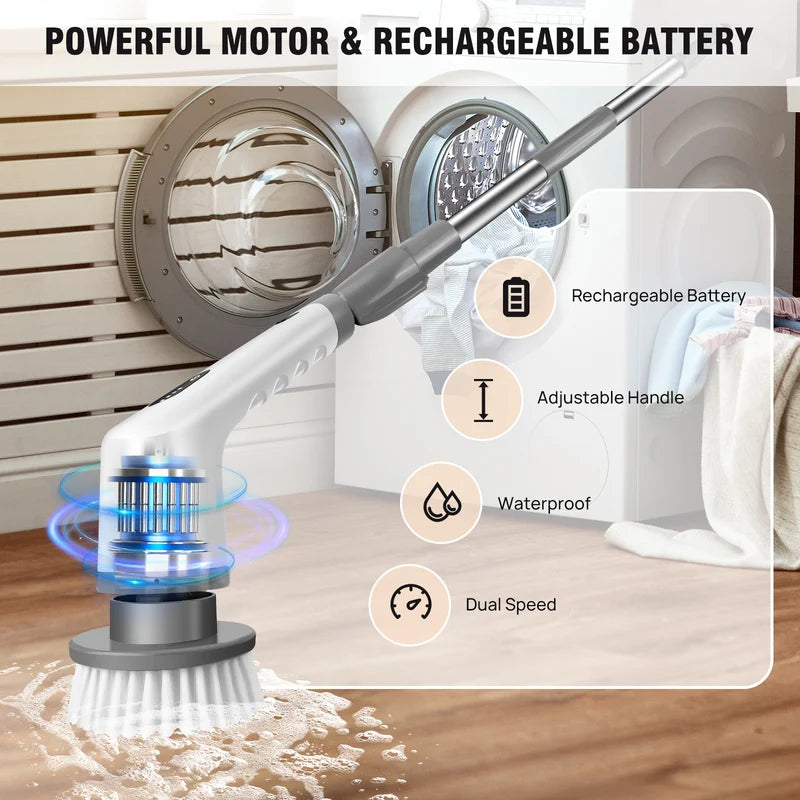 Electric Rotary Scrubber with Adjustable Handle for Power Cleaning and 9 Interchangeable Brushes