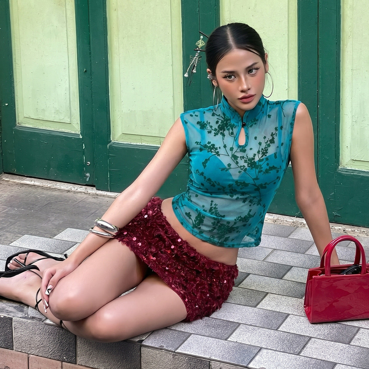 Déclaration sur le collier de style Cheongsam imprimé pour femmes haut de page
