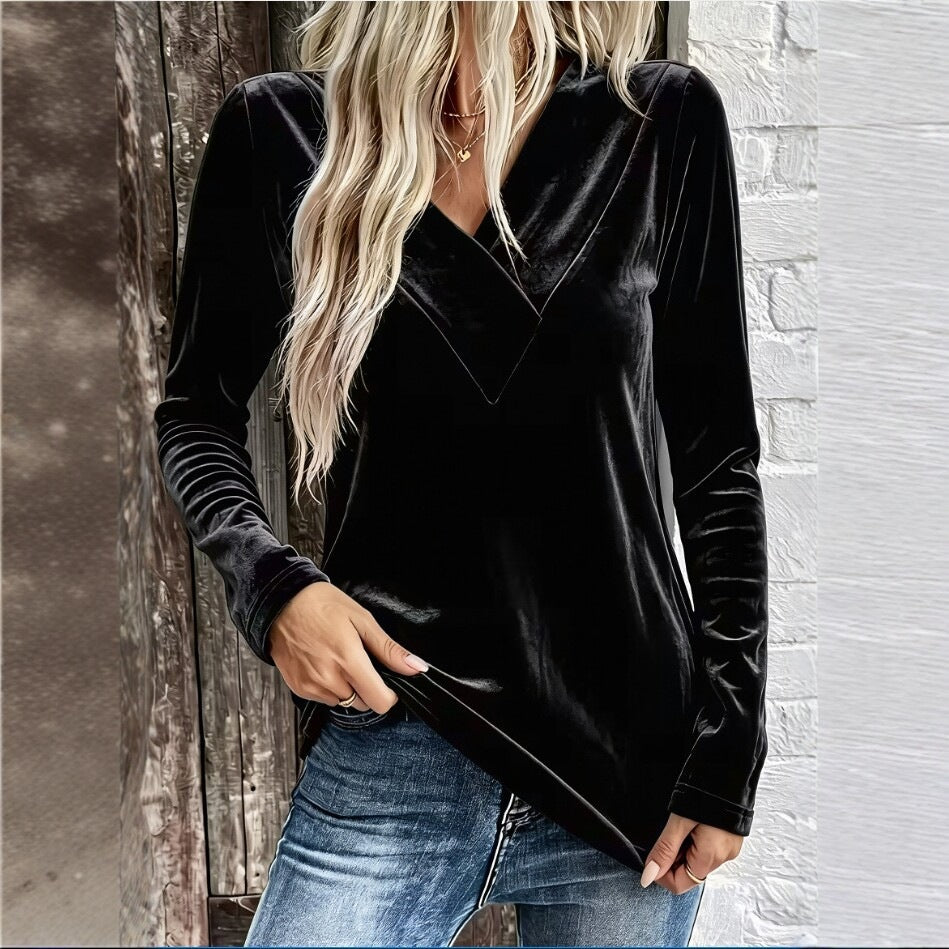 Velours V-Neck Manches longues Femmes Solid-Cols Casual Top pour l'automne Et l'hiver