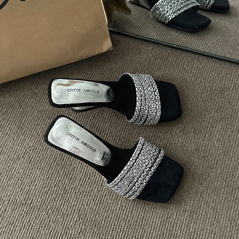 Femmes Strass Une Sangle Diapositive Sandales Outdoor Wear Summer Viral Magnifique Suede Elegant