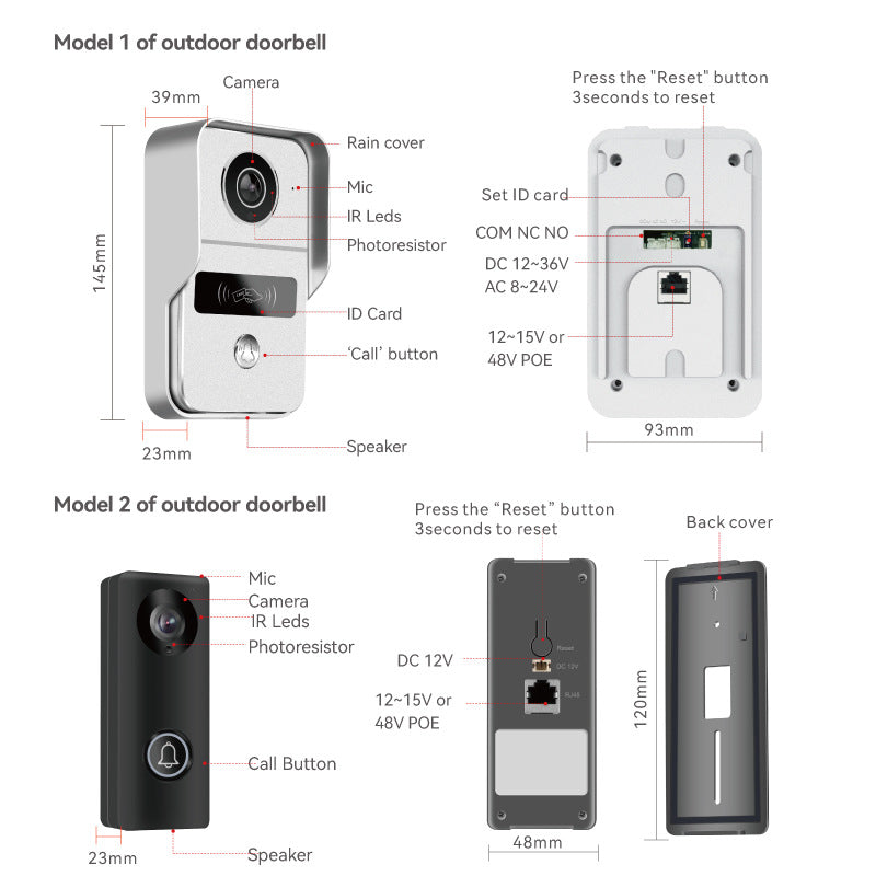 Vidéo Intercom Doorbell 1v2 Surveillance en temps réel Réseau sans fil Intelligent Intercom Sys