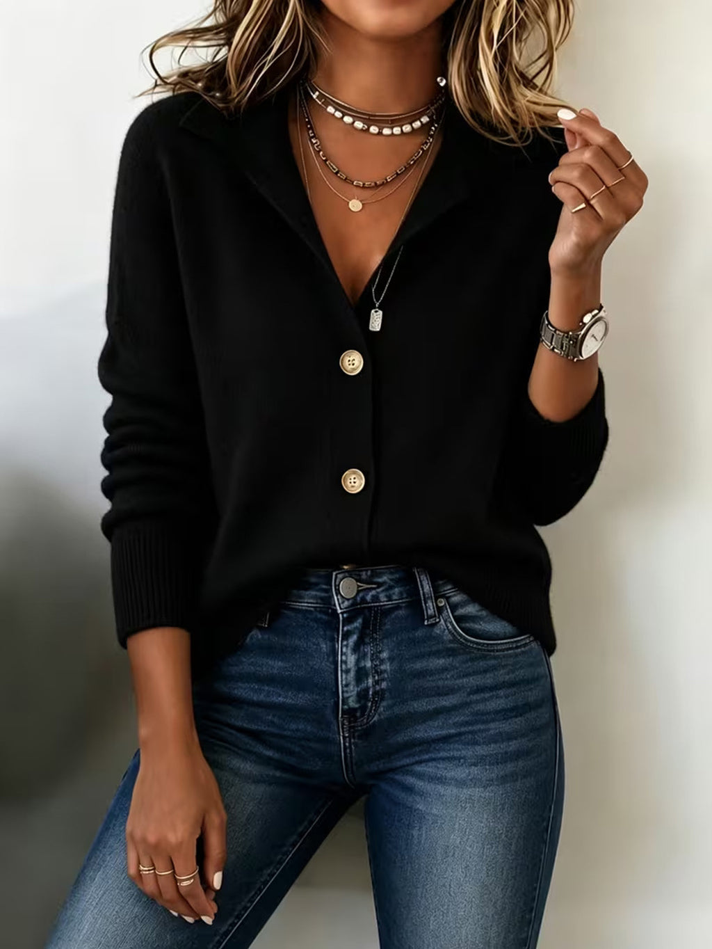 Style Retro pour femme Solid Color Stand Collar Cardigan