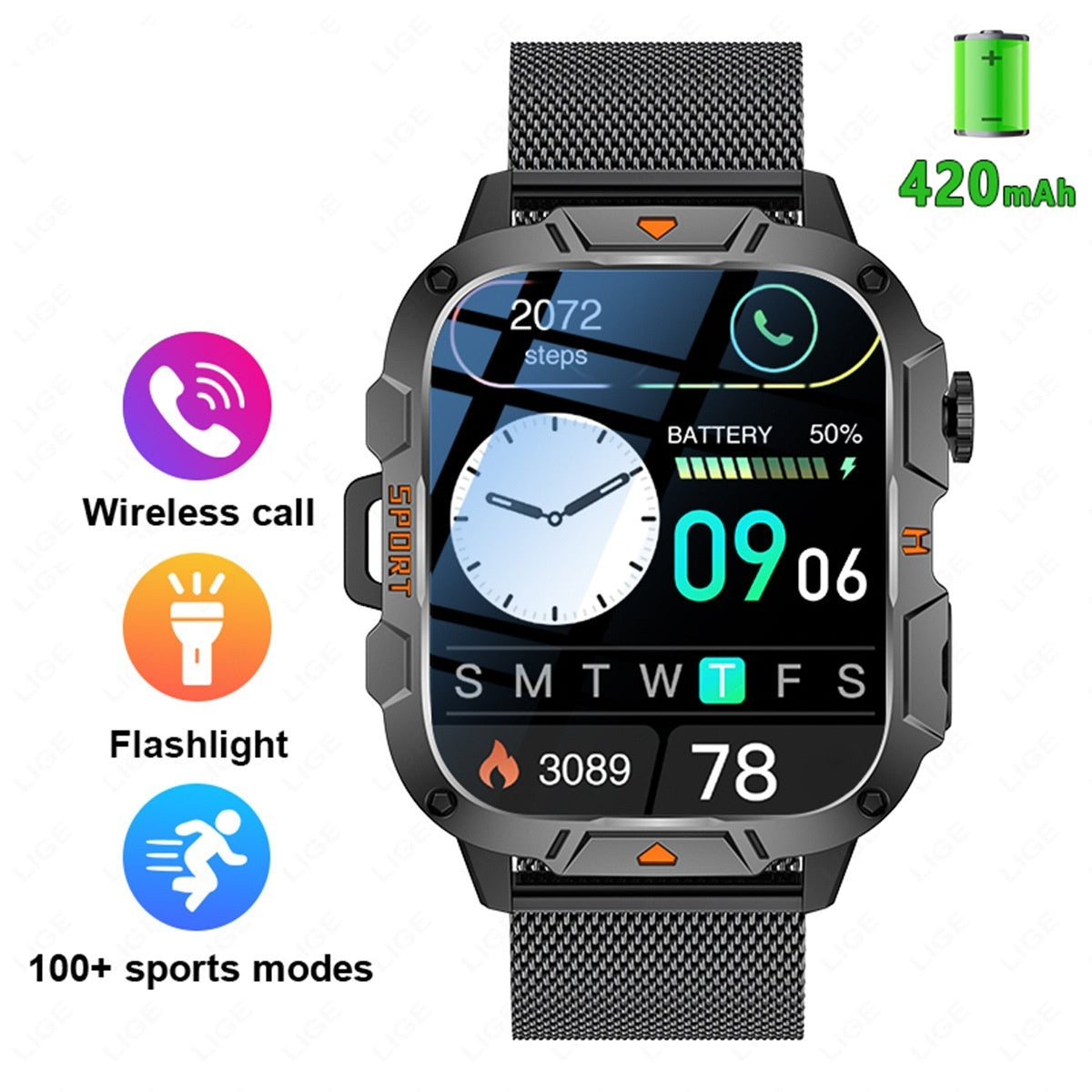 Carré Grand écran Multi-fonctions Sports Courante Coeur Montre intelligente
